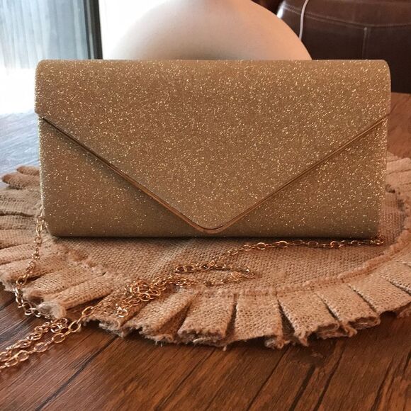 GOLD METALLIC WEDDING PROM GLITTER SPARKLE ENVELOPE BAG CLUTCH PURSE NEW - Picture 1 of 9